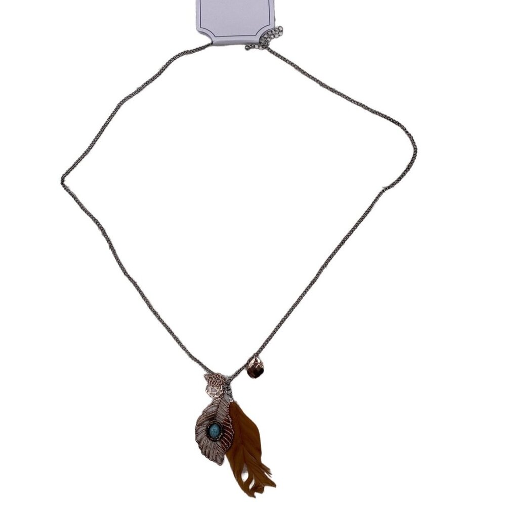 Bohemian Pendant Necklace Feather Charm Turquoise Accent Silver Tone Chain‎